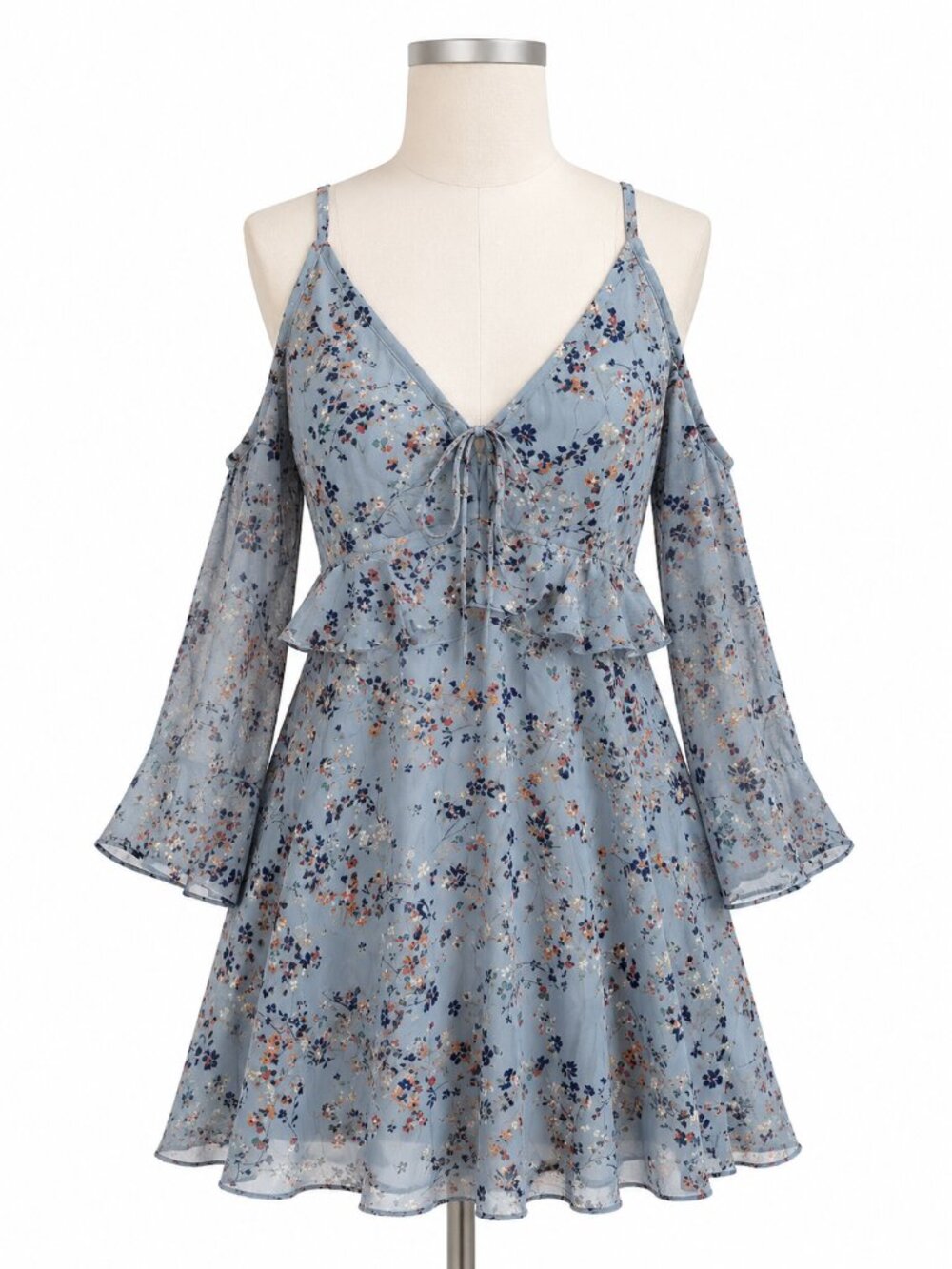 Y2K Sam Edelman Light Blue Floral Tie-Front Bell Sleeve Dress Size 8